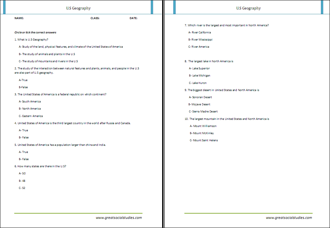 Good Kindergarten printable worksheets on US Geography | GREAT SOCIAL